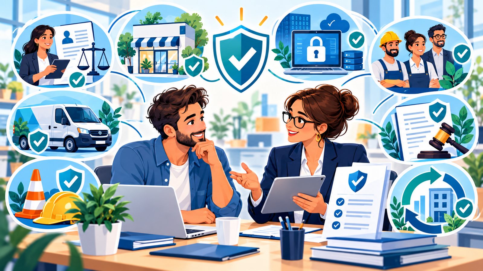 Une conseillère présente à un entrepreneur les assurances de son entreprise : protection juridique, commerce, cyber, véhicules, chantier et employés.